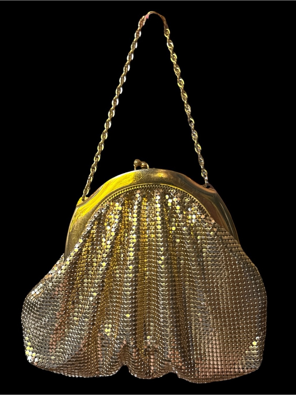 Whiting & Davis Gold Metal Mesh Evening Bag Purse Kiss Lock Clasp Vintage